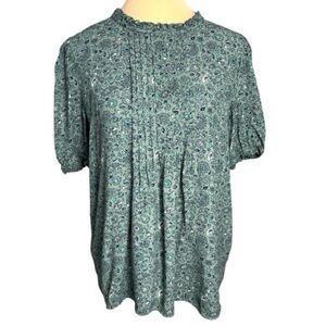 LOFT Green Floral Ruffle Neck Pleated Front Short Sleeve Blouse
